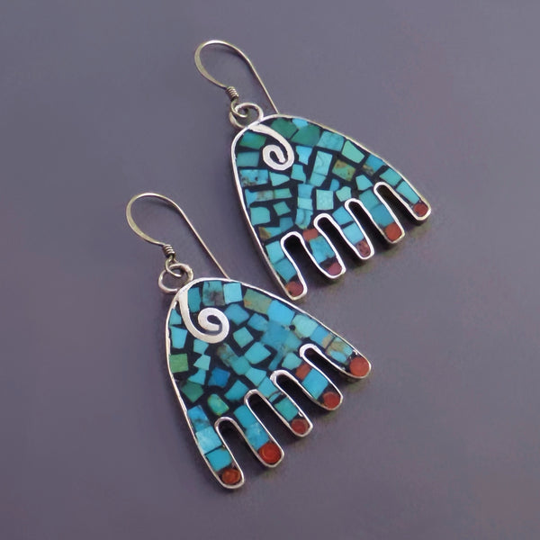 Santo Domingo STERLING Turquoise Spiny Oyster Inlay HAND Earrings Ava Marie Coriz - YearsAfter