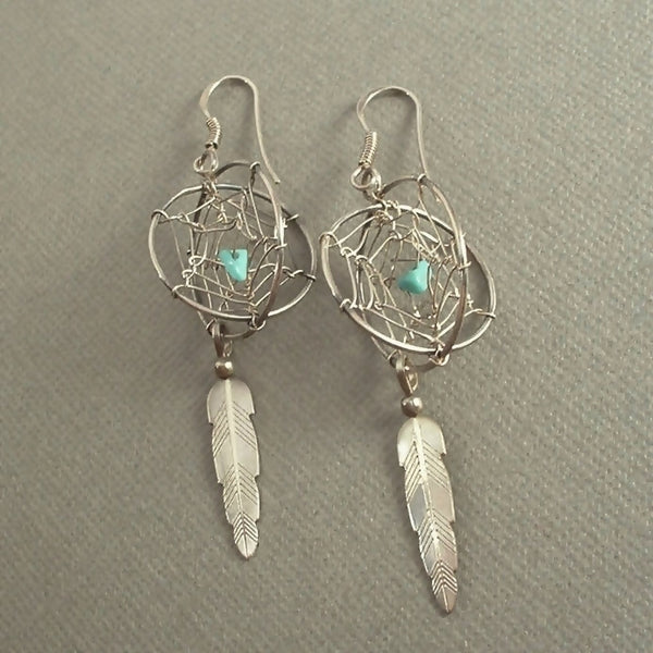 Vintage NATIVE American Dream Catcher STERLING Turquoise Earrings - Years After