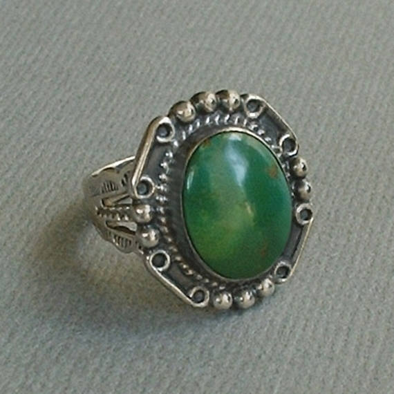 Vintage Silver Green Turquoise Ring, Fred Harvey Era Sterling