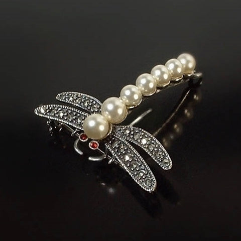 Vintage STERLING Dragonfly Insect Brooch Marcasite PEARL - Years After