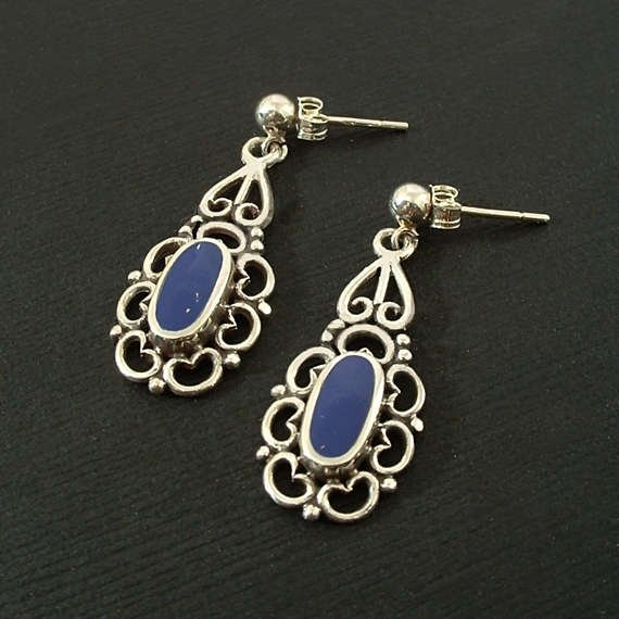 Vintage STERLING Filigree LAPIS Lazuli Drop Earrings - Years After