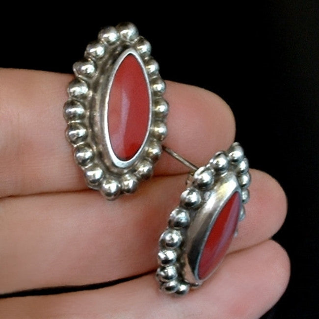 Vintage Pre-Eagle MEXICAN Sterling EARRINGS Red ONYX Pierced Ears c.1940's - Years After
