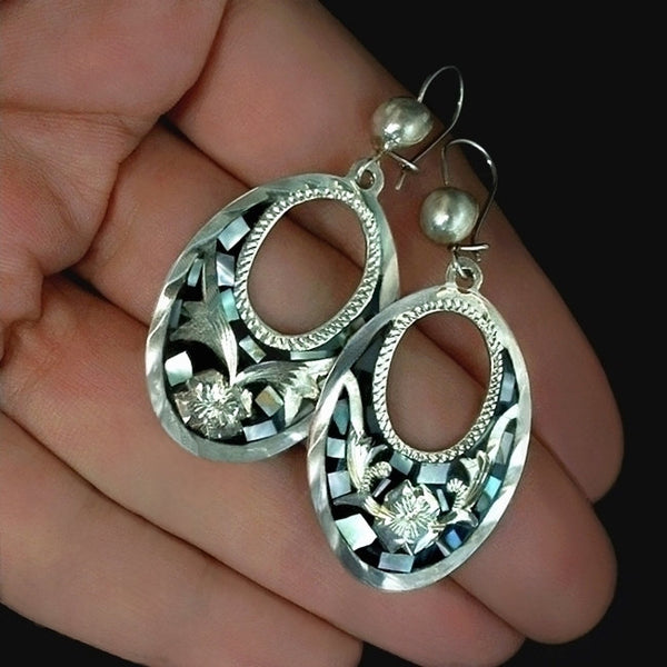 Vintage MEXICAN Sterling Hoop EARRINGS Mother of Pearl - Years After