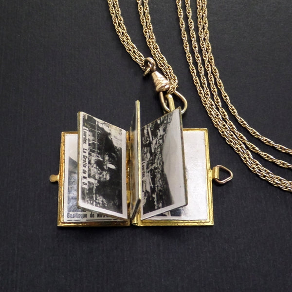 Our Lady of Lourdes Antique Enamel Locket FRANCE Souvenir MINIATURE Book Watch Chain - Years After