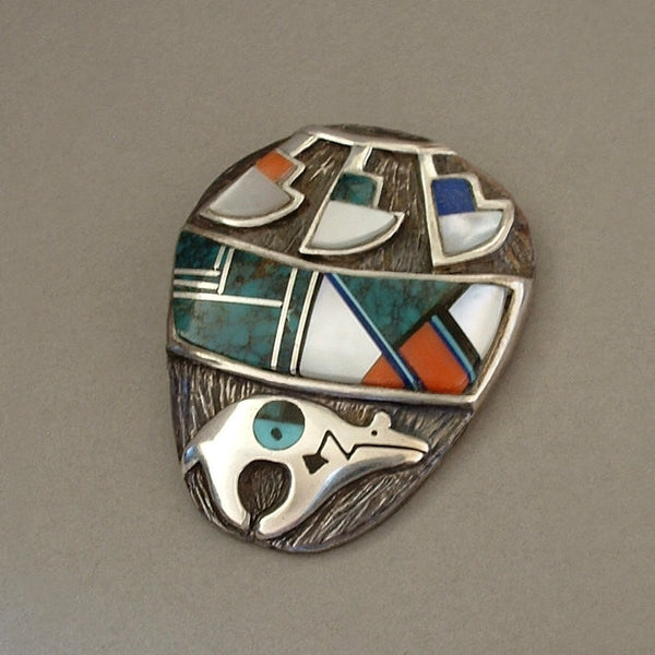 RARE Native American Indian Mosaic Inlay Brooch NAVAJO Sterling Bear Fetish Hallmarked c.1980s - Years After
