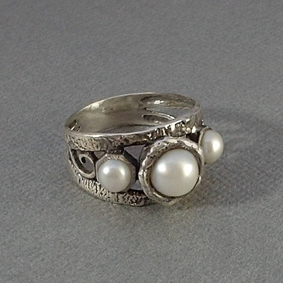 Vintage STERLING Silver PEARL Band Ring Modernist - Years After