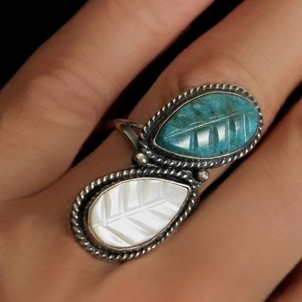 Vintage NATIVE American Long Zuni RING Turquoise Mother of Pearl Carved Leaf - Years After
