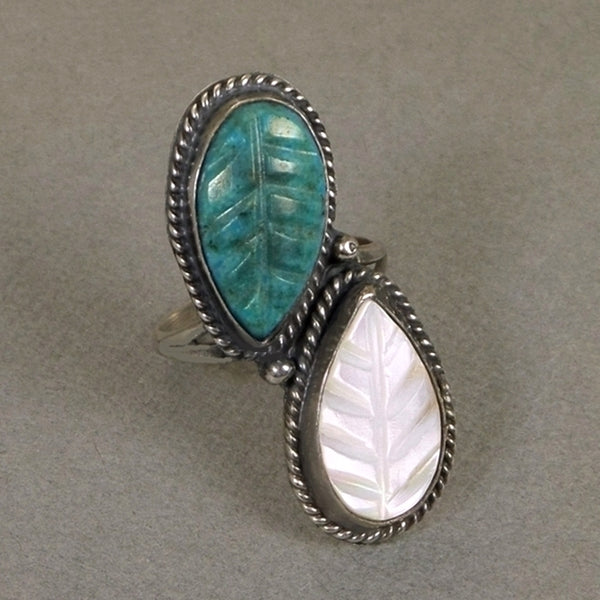 Vintage NATIVE American Long Zuni RING Turquoise Mother of Pearl Carved Leaf - Years After