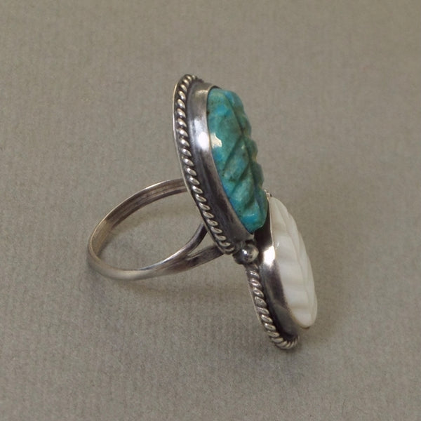 Vintage NATIVE American Long Zuni RING Turquoise Mother of Pearl Carved Leaf - Years After