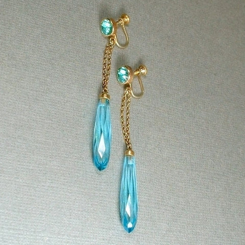 ART DECO Bohemian Crystal Czech Glass EARRINGS Aquamarine Blue - Years After