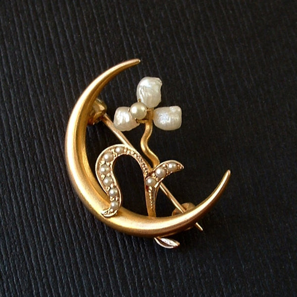 Victorian Crescent Moon BROOCH 10K Baroque Pearl Seed PEARLS Shamrock c.1890s - Years After