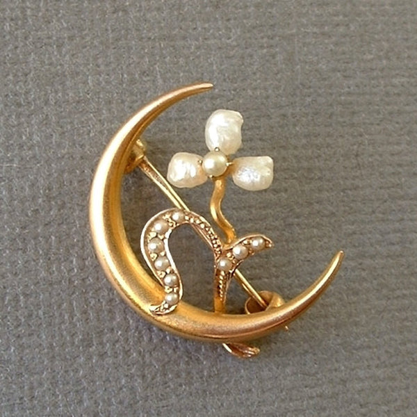 Victorian Crescent Moon BROOCH 10K Baroque Pearl Seed PEARLS Shamrock c.1890s - Years After