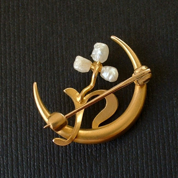 Victorian Crescent Moon BROOCH 10K Baroque Pearl Seed PEARLS Shamrock c.1890s - Years After