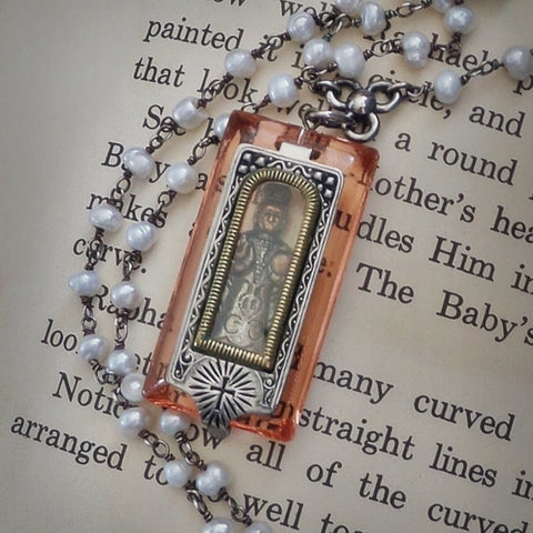 Antique Pocket SHRINE Infant JESUS of Prague Pendant Sterling PEARL Chain - Years After