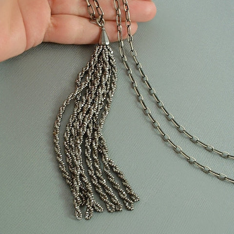 Antique Victorian TASSEL Necklace CUT STEEL Paperclip CHAIN 27" c.1870s - Years After