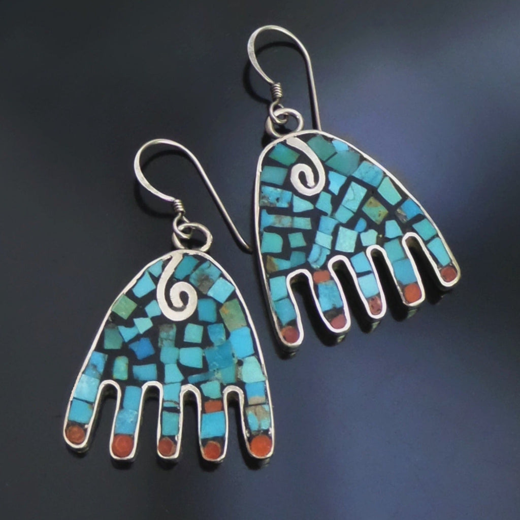 Santo Domingo STERLING Turquoise Spiny Oyster Inlay HAND Earrings Ava Marie Coriz - YearsAfter