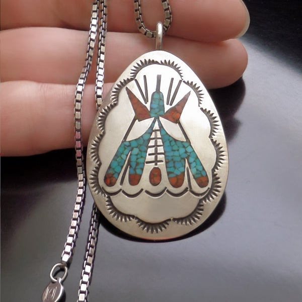 Old Pawn Vintage Native American Turquoise Coral Teepee Pendant Chain - YearsAfter