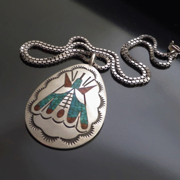 Old Pawn Vintage Native American Turquoise Coral Teepee Pendant Chain - YearsAfter