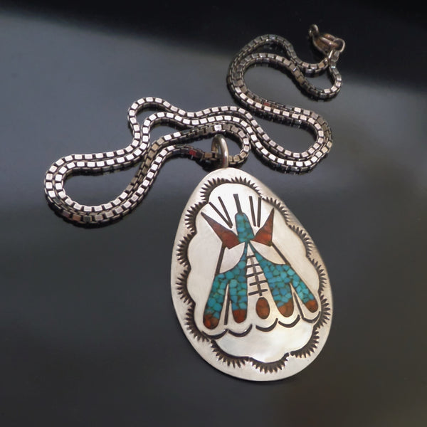 Old Pawn Vintage Native American Turquoise Coral Teepee Pendant Chain - YearsAfter