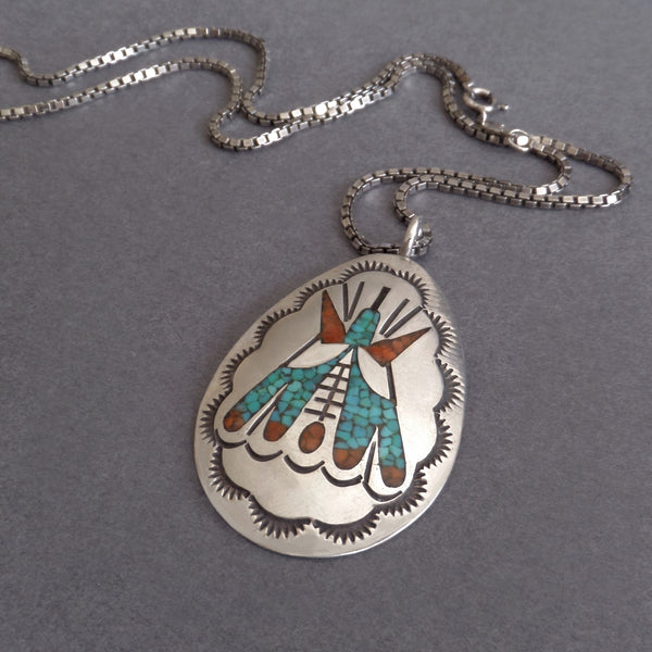 Old Pawn Vintage Native American Turquoise Coral Teepee Pendant Chain - YearsAfter