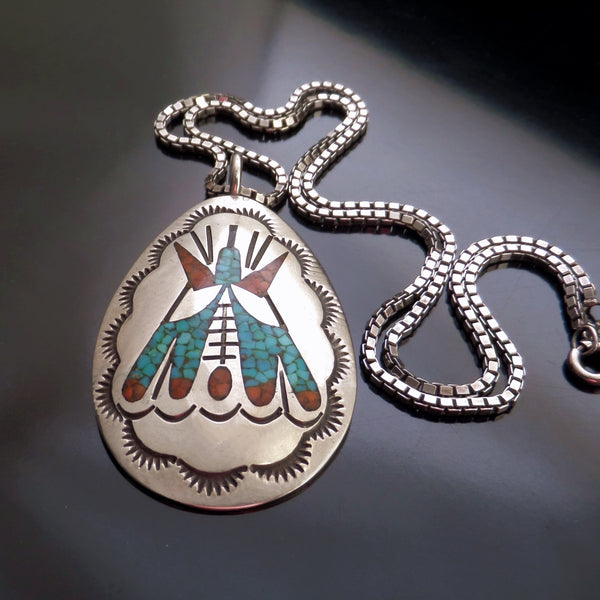 Old Pawn Vintage Native American Turquoise Coral Teepee Pendant Chain - YearsAfter