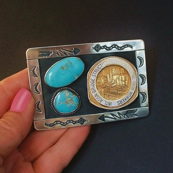 VINTAGE Native American Ironworkers TURQUOISE Belt BUCKLE - Years After