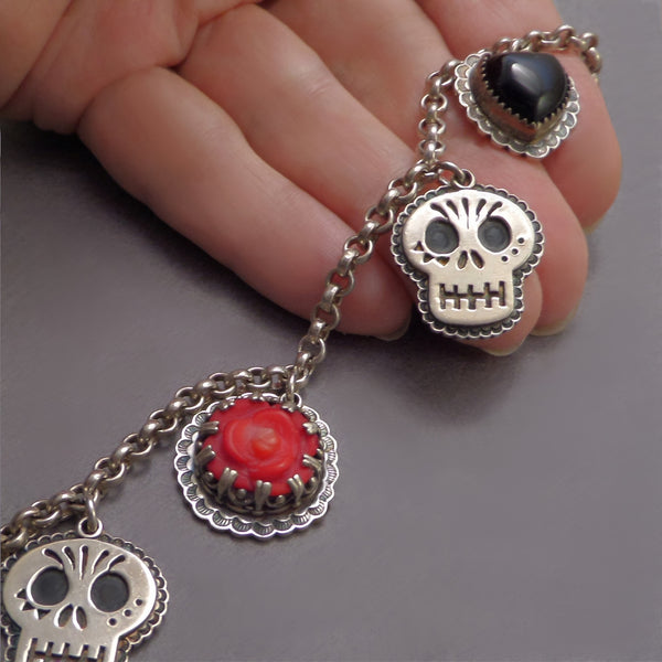 SKULL Heart and CORAL Rose STERLING Charm Bracelet Signed - YearsAfter