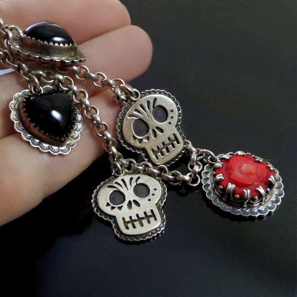 SKULL Heart and CORAL Rose STERLING Charm Bracelet Signed - YearsAfter