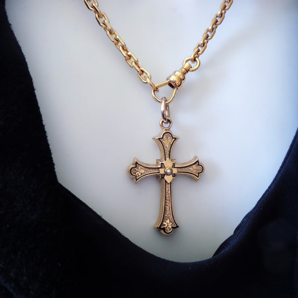 Antique 14K GOLD Victorian Seed PEARL Cross Necklace