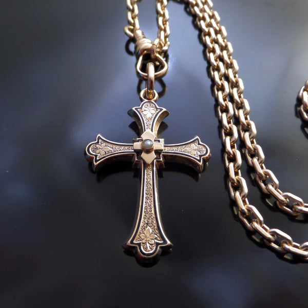Antique 14K GOLD Victorian Seed PEARL Cross Necklace