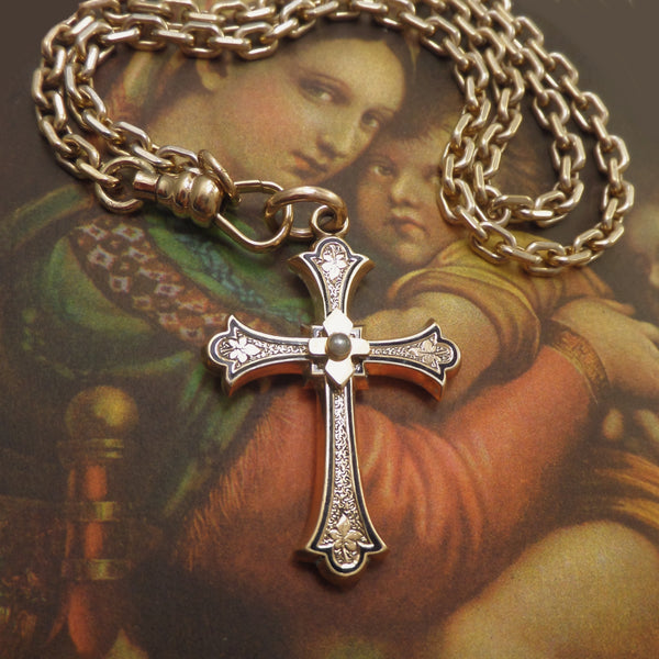 Antique 14K GOLD Victorian Seed PEARL Cross Necklace