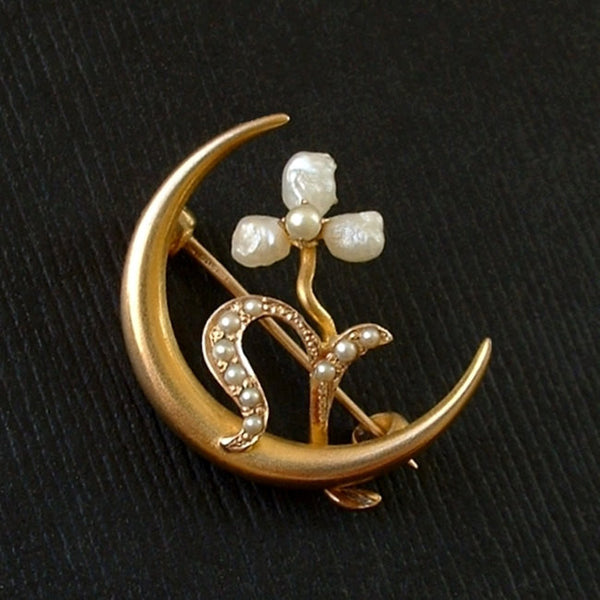 Victorian Crescent Moon BROOCH 10K Baroque Pearl Seed PEARLS Shamrock c.1890s - Years After
