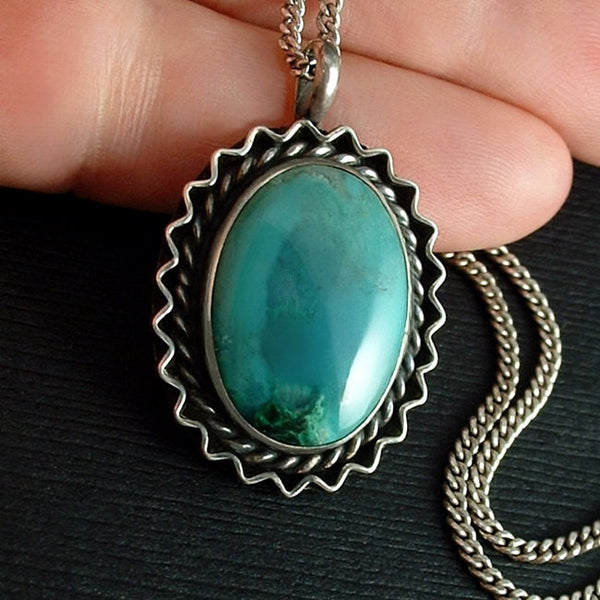 Vintage Sterling NATIVE American Navajo GEMSTONE Necklace Chrysoprase Chain 20" - Years After