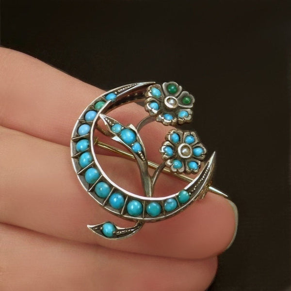 Antique Victorian PERSIAN Crescent Moon Turquoise BROOCH - YearsAfter