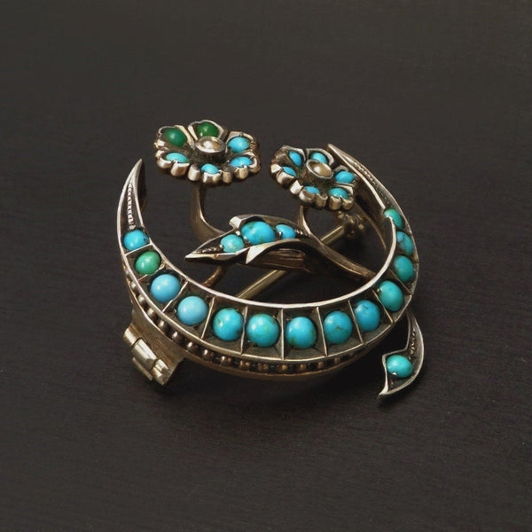 Antique Victorian PERSIAN Crescent Moon Turquoise BROOCH - YearsAfter