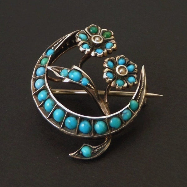 Antique Victorian PERSIAN Crescent Moon Turquoise BROOCH - YearsAfter