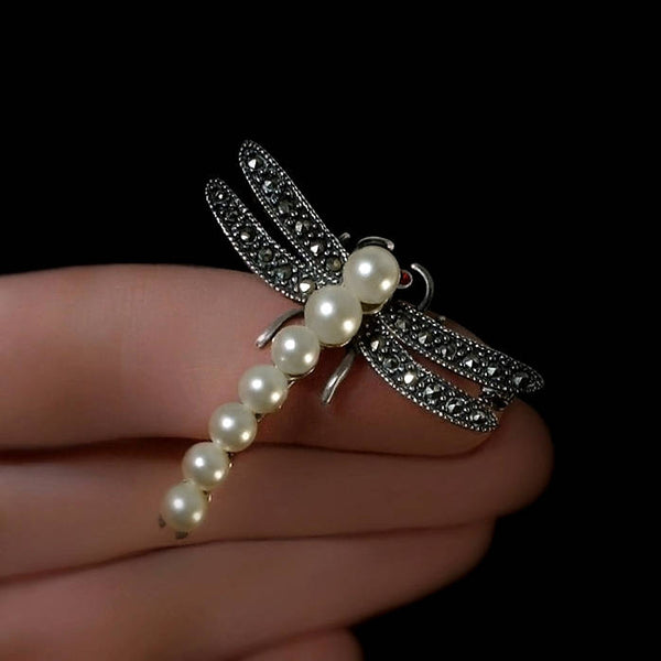 Vintage STERLING Dragonfly Insect Brooch Marcasite PEARL - Years After