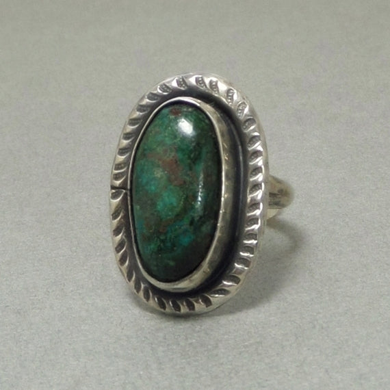 OLD PAWN Native American Green Turquoise RING Sterling Navajo Stampwork - Years After