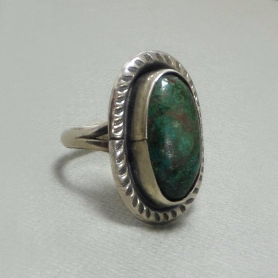 OLD PAWN Native American Green Turquoise RING Sterling Navajo Stampwork - Years After