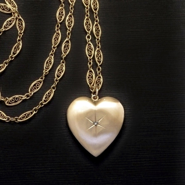 10K GOLD Heart DIAMOND Locket Long Filigree Chain - Years After