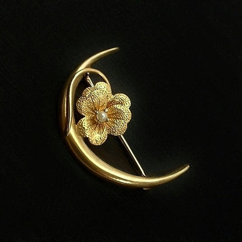 10K Antique Victorian CRESCENT Moon Brooch LOVE Token - Years After