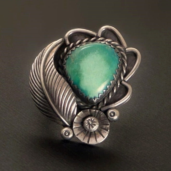 Vintage NATIVE American Large NAVAJO Turquoise RING Sterling Flower Leaf - Years After