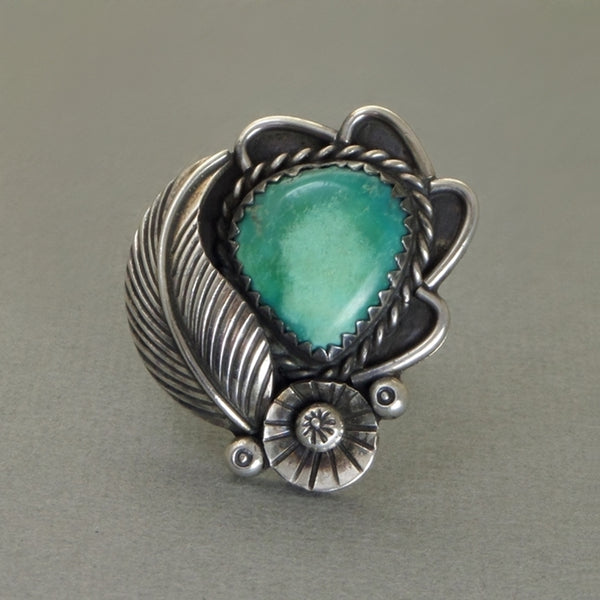 Vintage NATIVE American Large NAVAJO Turquoise RING Sterling Flower Leaf - Years After