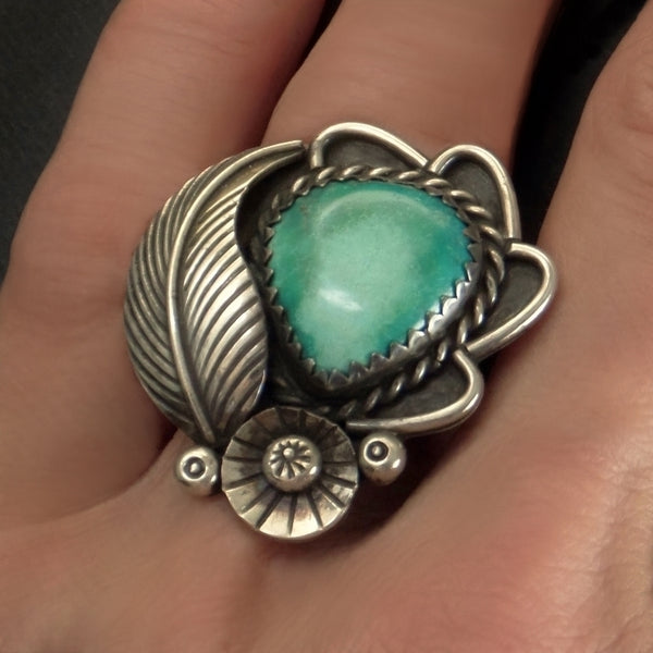 Vintage NATIVE American Large NAVAJO Turquoise RING Sterling Flower Leaf - Years After