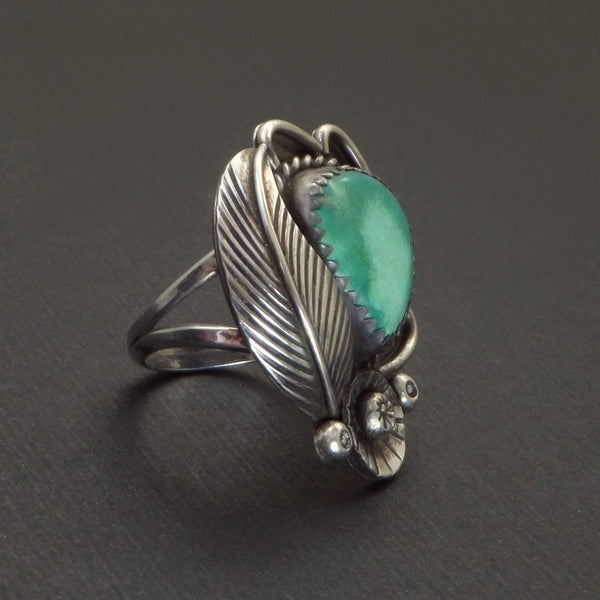 Vintage NATIVE American Large NAVAJO Turquoise RING Sterling Flower Leaf - Years After