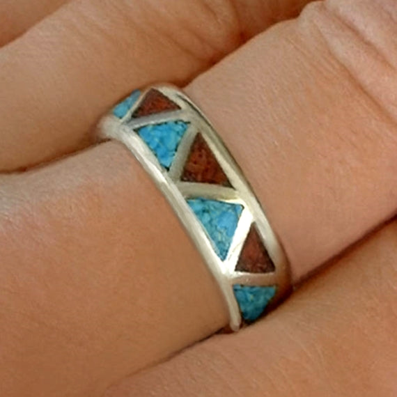 Vintage NATIVE American NAVAJO Coral Turquoise RING Inlay Mosaic - Years After