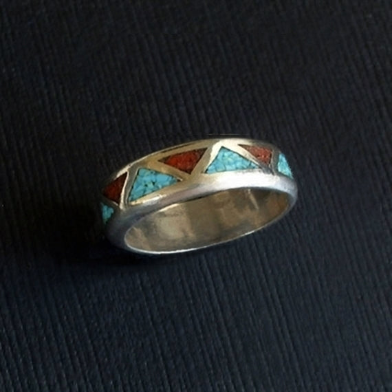 Striking Vintage Navajo Sterling Silver Turquoise Inlay Native American Bracelet Striking Vintage Navajo Sterling Silver Turquoise Inlay Native American Bracelet