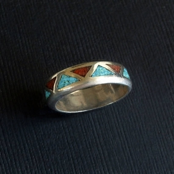 Vintage NATIVE American NAVAJO Coral Turquoise RING Inlay Mosaic - Years After