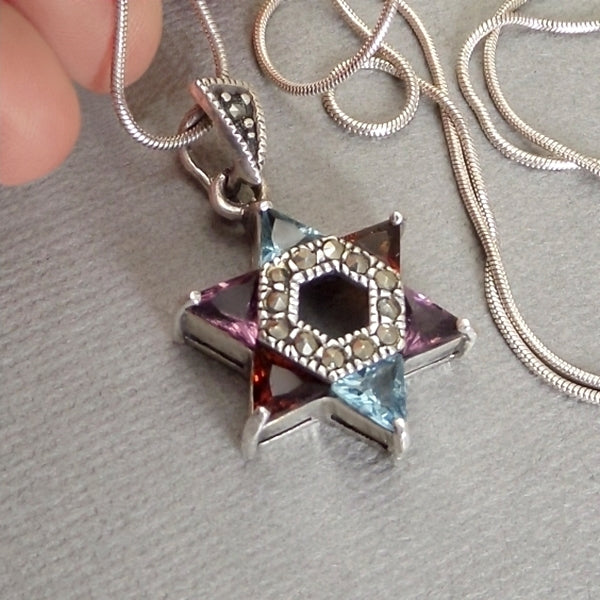 STERLING Jewish STAR of DAVID Pendant Chain Multi-Color Amethyst Garnet Topaz - Years After