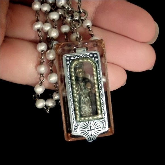 Antique Pocket SHRINE Infant JESUS of Prague Pendant Sterling PEARL Chain - Years After